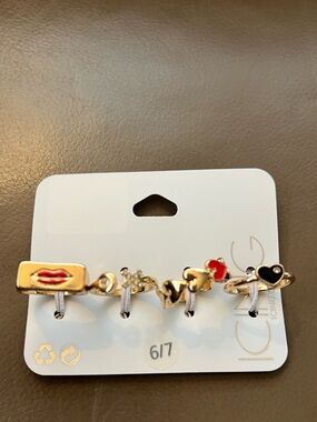 Gold-Tone Stackable Heart ❤️& Lip Ring Set in Red, Black, and Clear